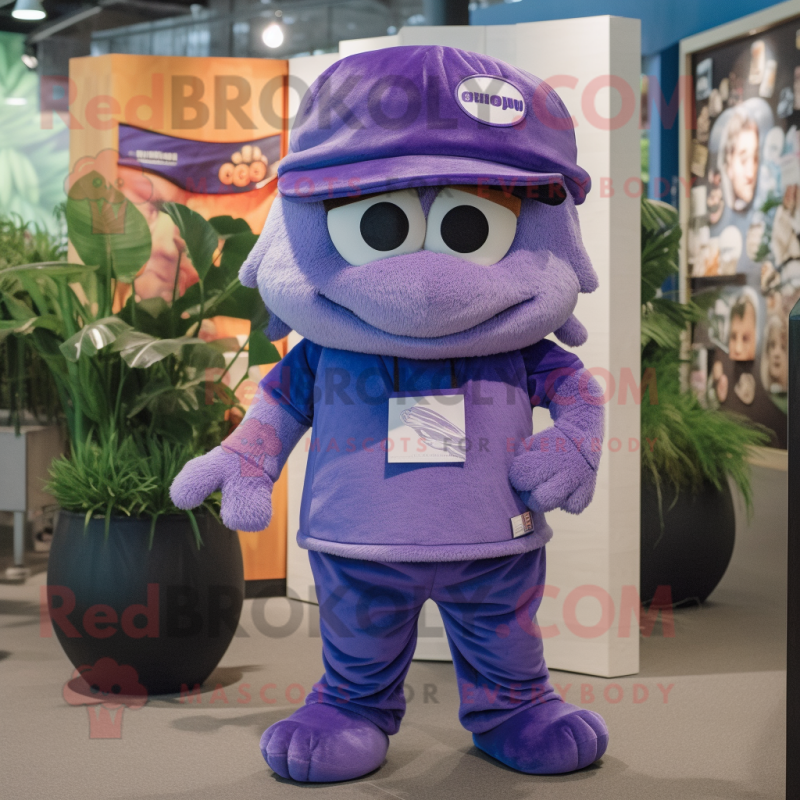 Purple Pho mascot costume character dressed with a Cargo Shorts and Beanies Purple Pho mascot costume character dressed with a Cargo Shorts and Beanies
