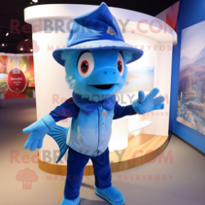 Blue Betta Fish mascot costume character dressed with a Henley Tee and Berets