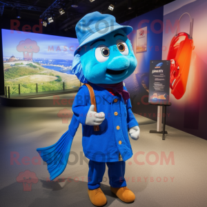 Blue Betta Fish mascot costume character dressed with a Henley Tee and Berets