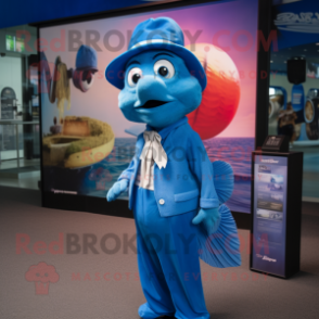 Blue Betta Fish mascot costume character dressed with a Henley Tee and Berets