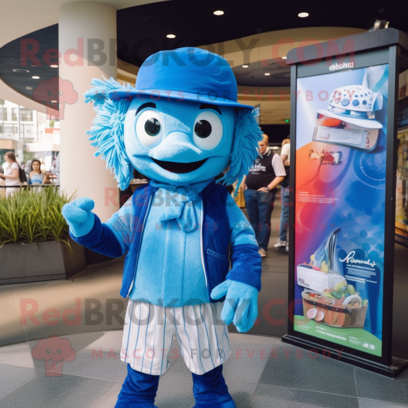 Blue Betta Fish mascot costume character dressed with a Henley Tee and Berets