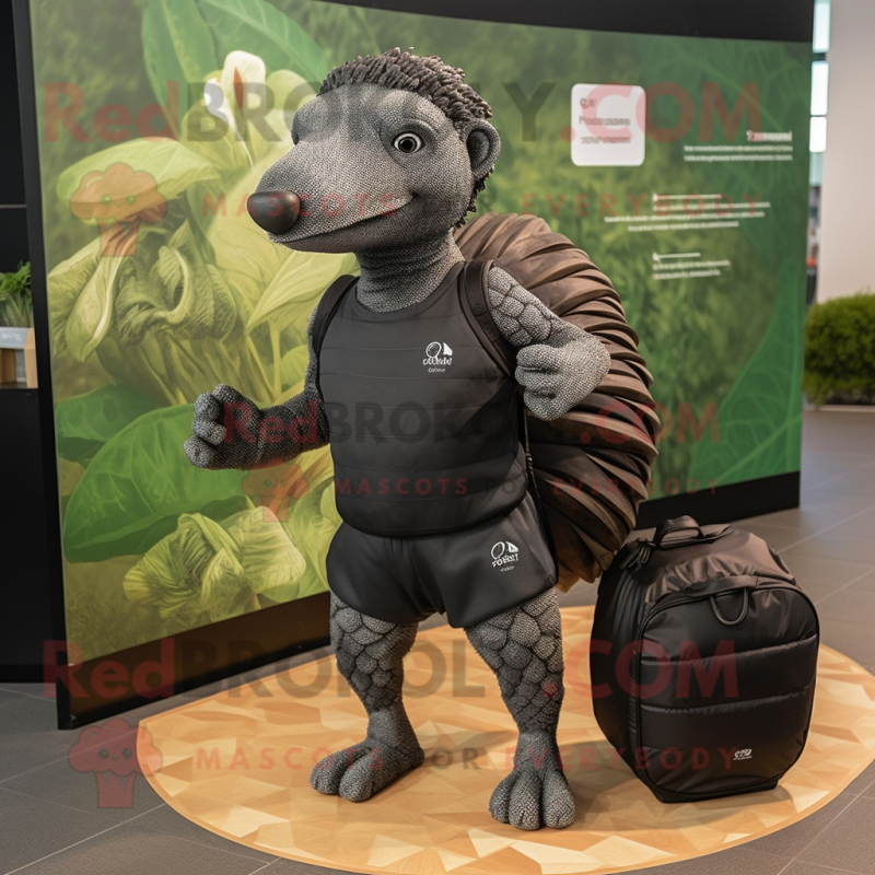 Black Pangolin mascot costume character dressed with a Running Shorts and Wallets Black Pangolin mascot costume character dressed with a Running Shorts and Wallets