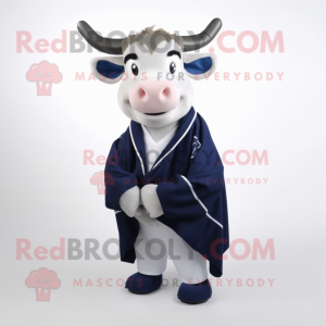 Navy Zebu mascot costume character dressed with a Cardigan and Shawl pins