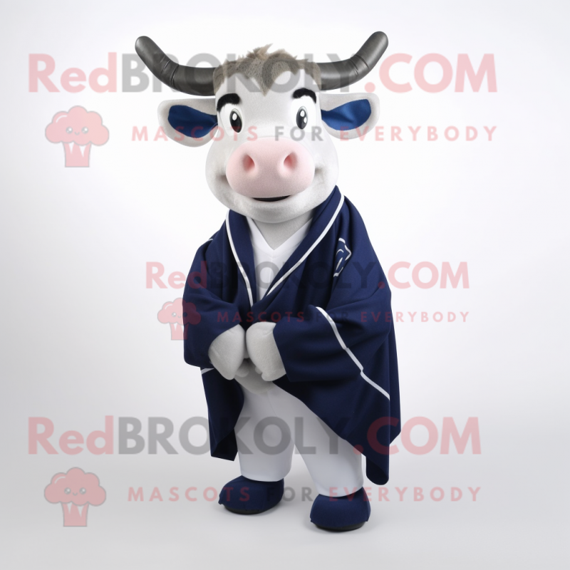 Navy Zebu mascot costume character dressed with a Cardigan and Shawl pins Navy Zebu mascot costume character dressed with a Cardigan and Shawl pins