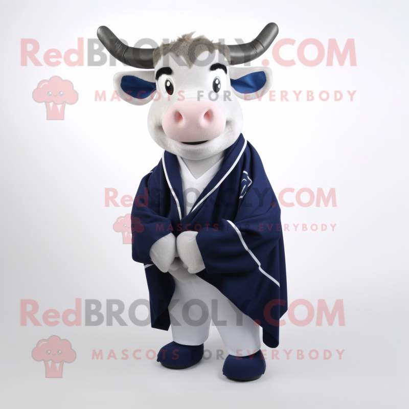 Navy Zebu mascot costume character dressed with a Cardigan and Shawl pins