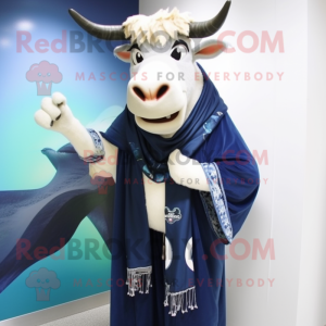 Navy Zebu mascot costume character dressed with a Cardigan and Shawl pins