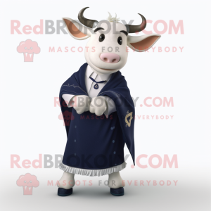 Navy Zebu mascot costume character dressed with a Cardigan and Shawl pins