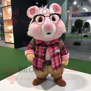 Pink Hamster mascot costume character dressed with a Flannel Shirt and Eyeglasses