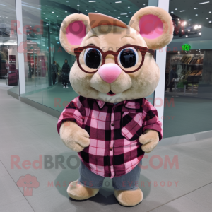 Pink Hamster mascot costume character dressed with a Flannel Shirt and Eyeglasses