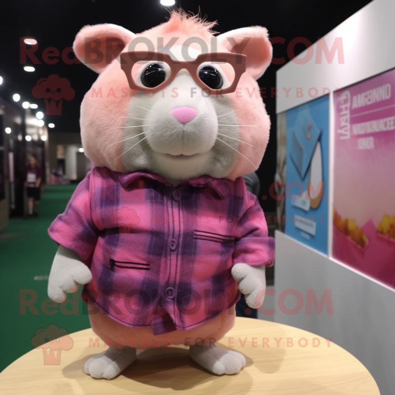 Pink Hamster mascot costume character dressed with a Flannel Shirt and Eyeglasses