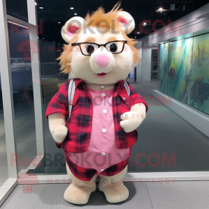 Pink Hamster mascot costume character dressed with a Flannel Shirt and Eyeglasses