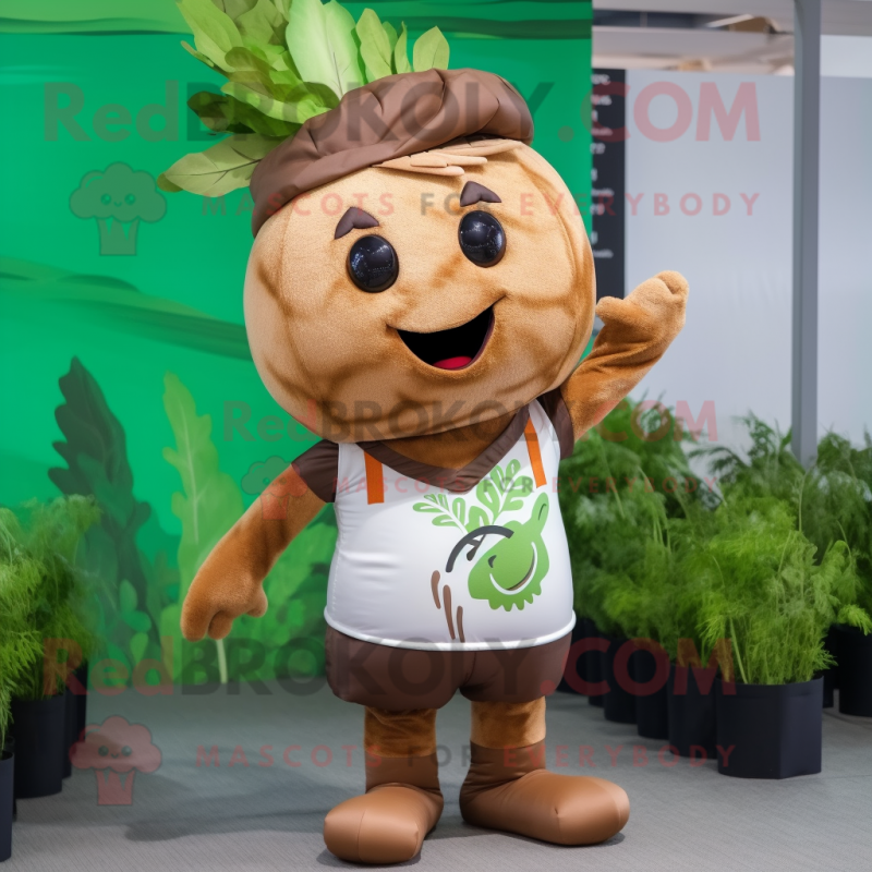 Brown Radish mascot costume character dressed with a Cargo Shorts and Headbands