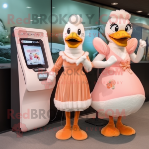Peach Swans mascot costume character dressed with a Midi Dress and Digital watches