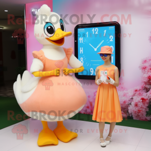 Peach Swans mascot costume character dressed with a Midi Dress and Digital watches