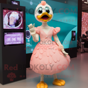 Peach Swans mascot costume character dressed with a Midi Dress and Digital watches