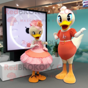 Peach Swans mascot costume character dressed with a Midi Dress and Digital watches