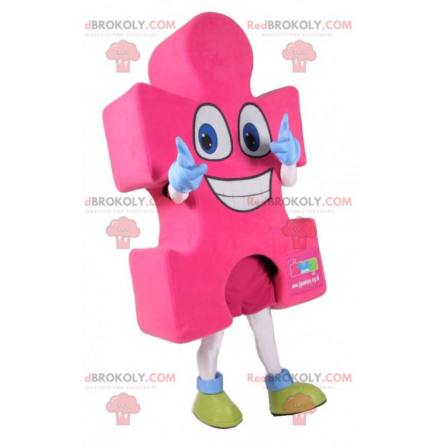 Mascotte de pièce de Puzzle rose super contente - Redbrokoly.com