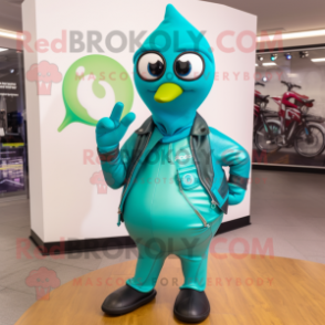 Teal Pear mascot costume character dressed with a Moto Jacket and Earrings