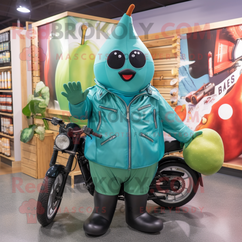 Teal Pear mascot costume character dressed with a Moto Jacket and Earrings