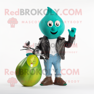 Teal Pear mascot costume character dressed with a Moto Jacket and Earrings
