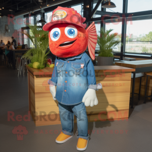 Red Fish Tacos mascot costume character dressed with a Denim Shirt and Earrings