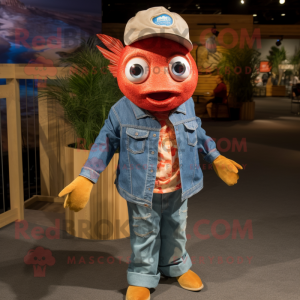 Red Fish Tacos mascot costume character dressed with a Denim Shirt and Earrings