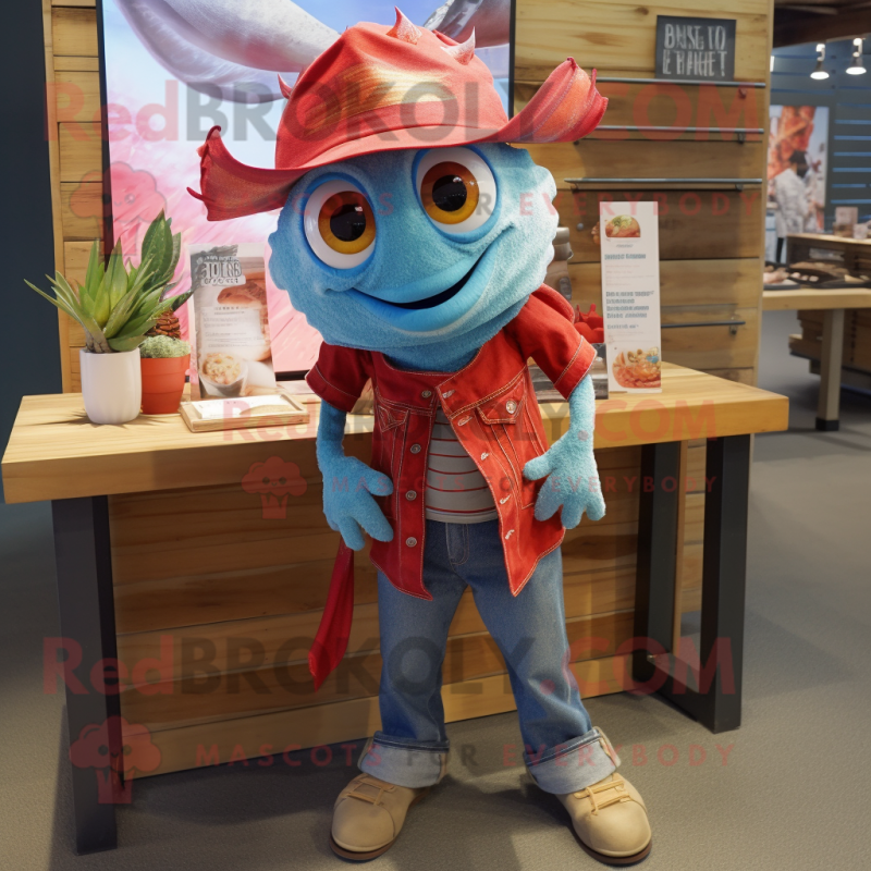 Red Fish Tacos mascot costume character dressed with a Denim Shirt and Earrings