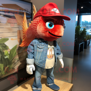 Red Fish Tacos mascot costume character dressed with a Denim Shirt and Earrings