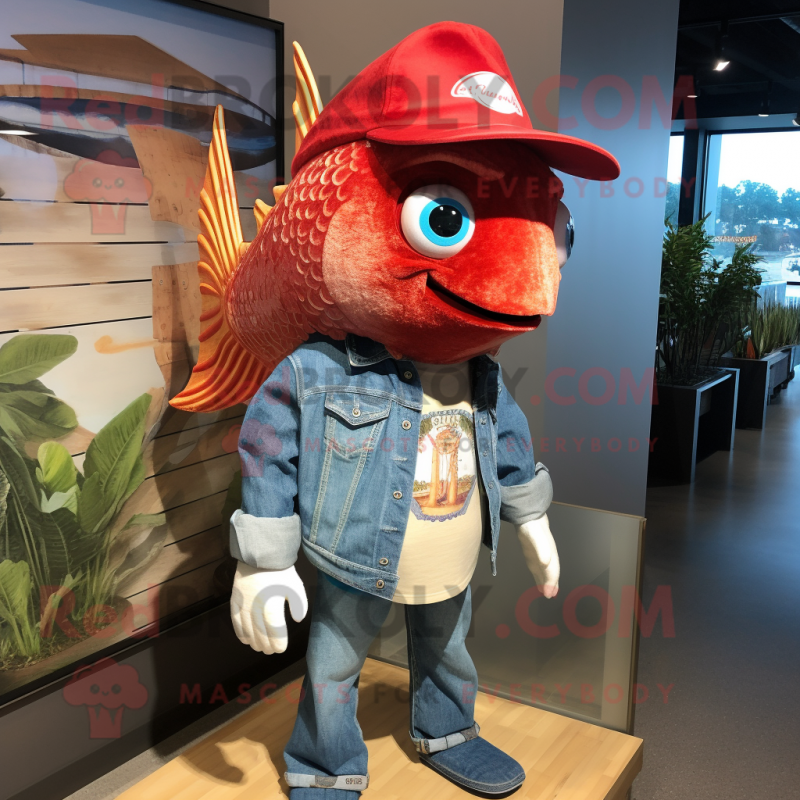 Red Fish Tacos mascot costume character dressed with a Denim Shirt and Earrings Red Fish Tacos mascot costume character dressed with a Denim Shirt and Earrings