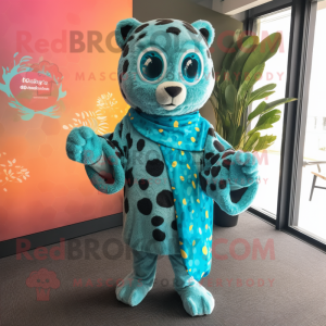 Turquoise Leopard mascot costume character dressed with a Romper and Shawls