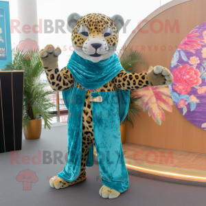 Turquoise Leopard mascot costume character dressed with a Romper and Shawls