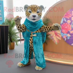 Turquoise Leopard mascot costume character dressed with a Romper and Shawls