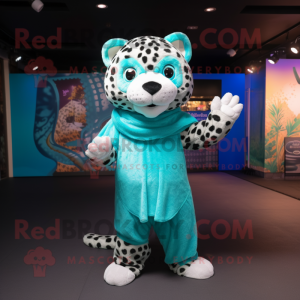 Turquoise Leopard mascot costume character dressed with a Romper and Shawls