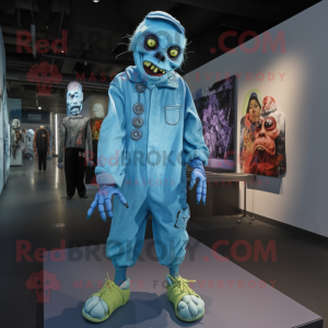 Cyan Zombie mascot costume character dressed with a Overalls and Anklets