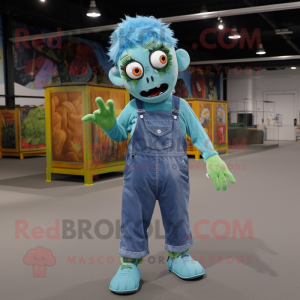 Cyan Zombie mascot costume character dressed with a Overalls and Anklets