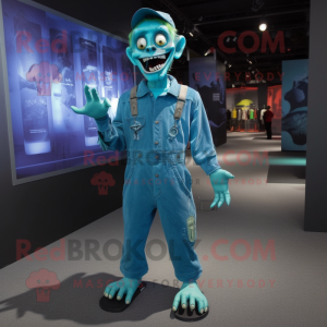 Cyan Zombie mascot costume character dressed with a Overalls and Anklets