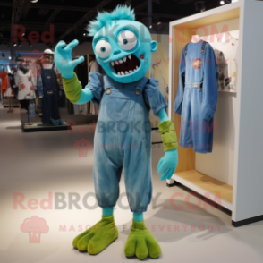 Cyan Zombie mascot costume character dressed with a Overalls and Anklets