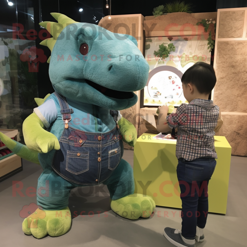 Green Ankylosaurus mascot costume character dressed with a Denim Shirt and Coin purses