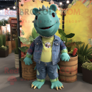 Green Ankylosaurus mascot costume character dressed with a Denim Shirt and Coin purses