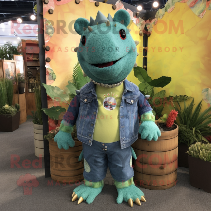 Green Ankylosaurus mascot costume character dressed with a Denim Shirt and Coin purses Green Ankylosaurus mascot costume character dressed with a Denim Shirt and Coin purses