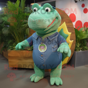 Green Ankylosaurus mascot costume character dressed with a Denim Shirt and Coin purses