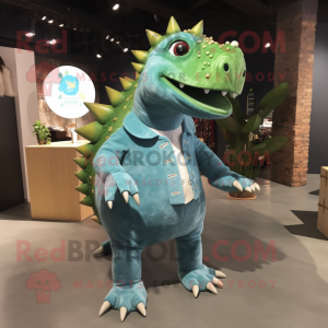 Green Ankylosaurus mascot costume character dressed with a Denim Shirt and Coin purses