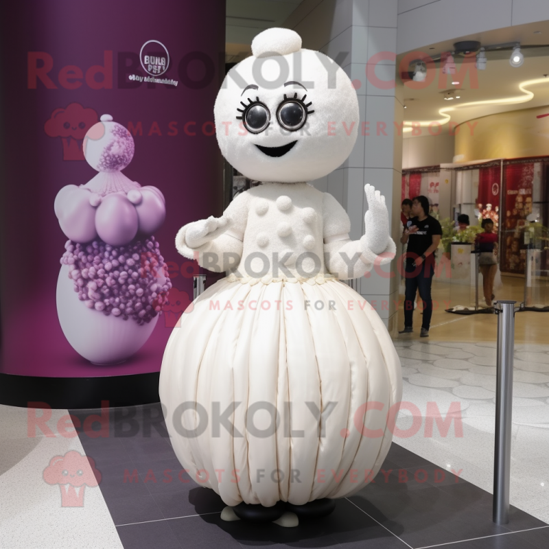 White Plum mascot costume character dressed with a Empire Waist Dress and Watches White Plum mascot costume character dressed with a Empire Waist Dress and Watches