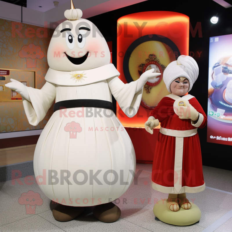 White Plum mascot costume character dressed with a Empire Waist Dress and Watches