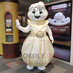 White Plum mascot costume character dressed with a Empire Waist Dress and Watches