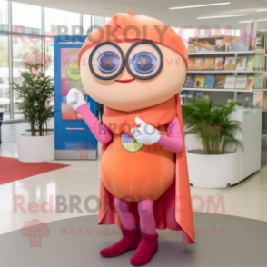 Peach Superhero mascot costume character dressed with a Shift Dress and Reading glasses