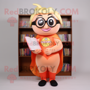 Peach Superhero mascot costume character dressed with a Shift Dress and Reading glasses