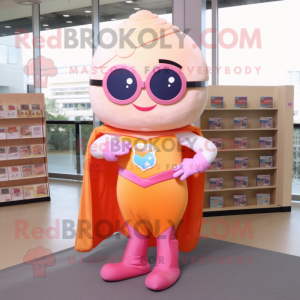 Peach Superhero mascot costume character dressed with a Shift Dress and Reading glasses