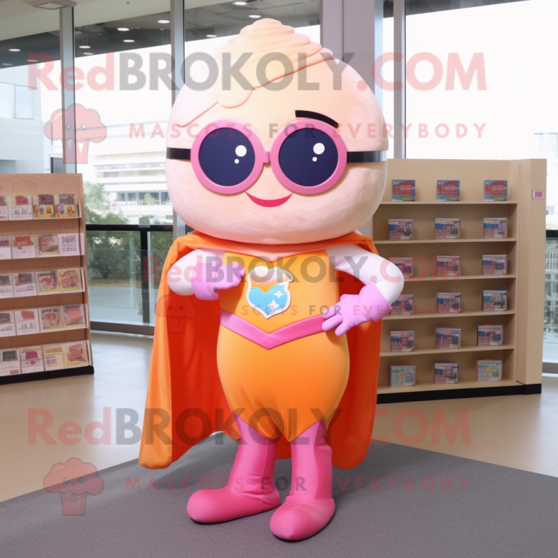 Peach Superhero mascot costume character dressed with a Shift Dress and Reading glasses