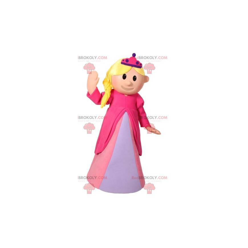 Princezna maskot s krásnými růžovými šaty a její korunou -